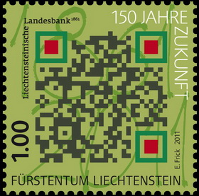 francobollo con QR Code - 150 anni della Liechtensteinische Landesbank